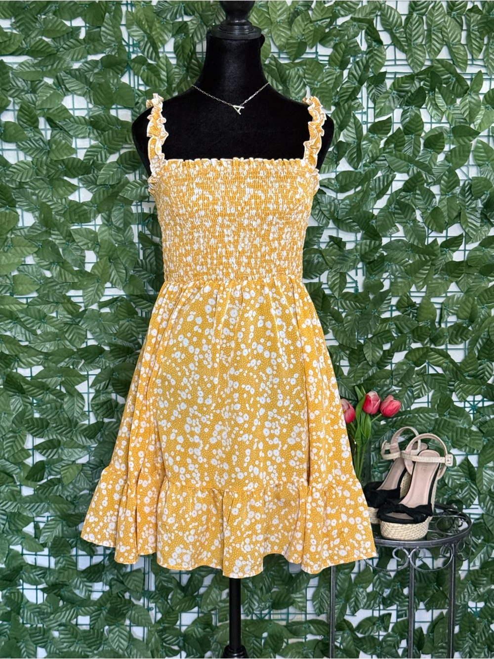 SHEIN Yellow Floral Smocked Mini Sundress